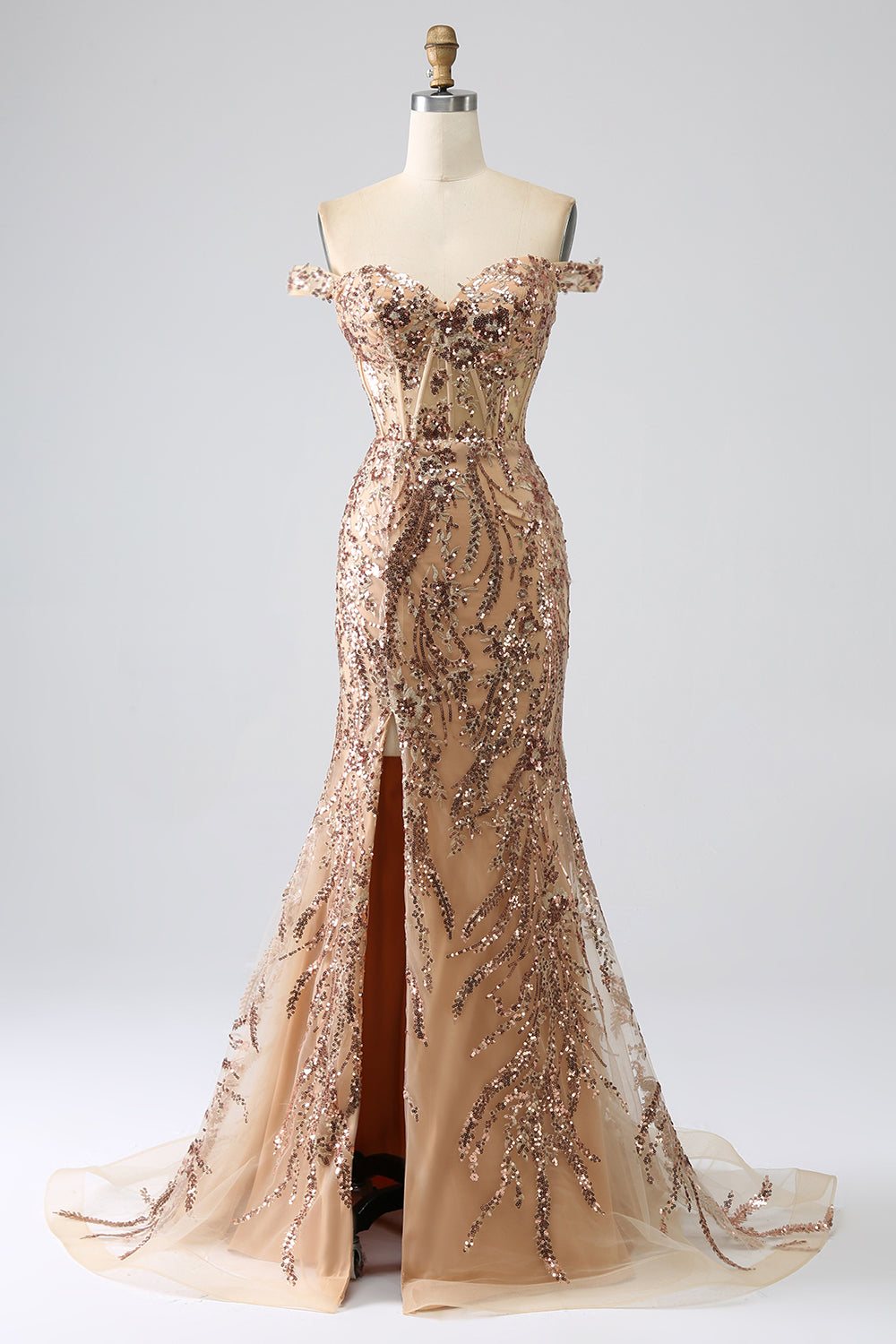 Sparkly Mermaid Off The Shoulder Golden Corset Ball Dress with Slit