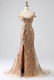 Sparkly Mermaid Off The Shoulder Golden Corset Ball Dress with Slit
