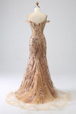 Sparkly Mermaid Off The Shoulder Golden Corset Ball Dress with Slit