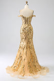 Sparkly Mermaid Off The Shoulder Golden Corset Ball Dress with Slit