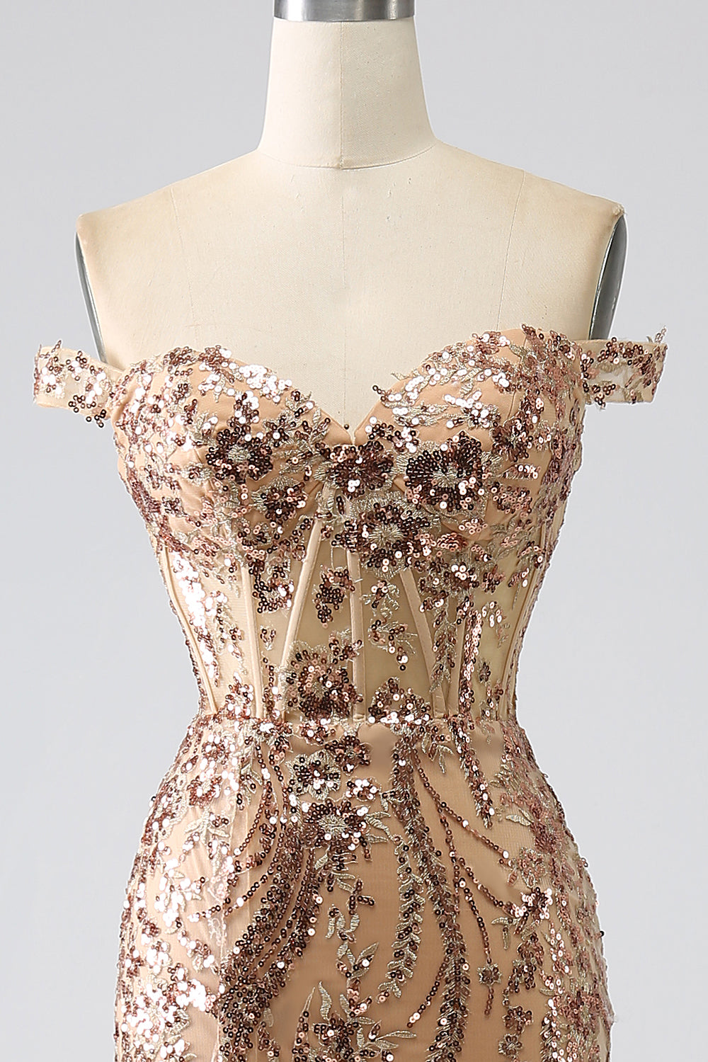Sparkly Mermaid Off The Shoulder Golden Corset Ball Dress with Slit