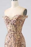 Sparkly Golden Mermaid Off The Shoulder Corset Ball Dress with Slit