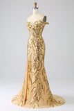Sparkly Golden Mermaid Off The Shoulder Corset Ball Dress with Slit