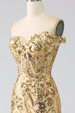 Sparkly Mermaid Off The Shoulder Golden Corset Ball Dress with Slit