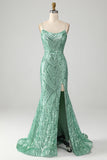 Sparkly Green Sequins Lace-Up Back Long Mermaid Ball Dress with Slit