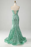 Sparkly Green Sequins Lace-Up Back Long Mermaid Ball Dress with Slit