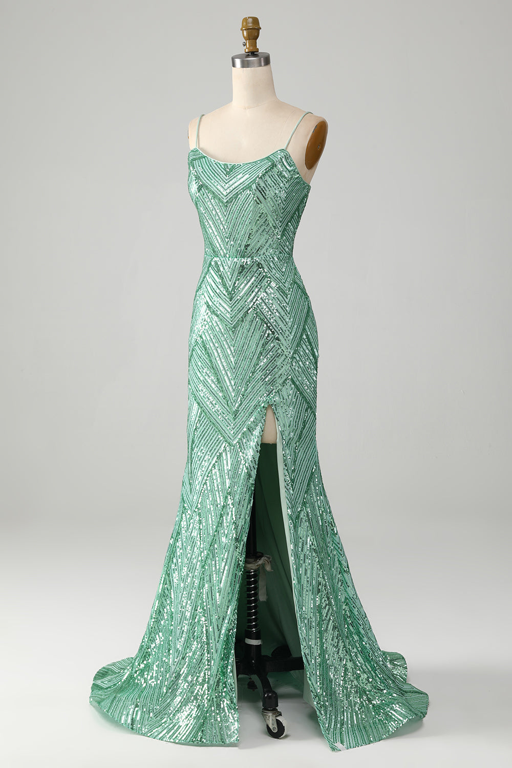 Sparkly Green Sequins Lace-Up Back Long Mermaid Ball Dress with Slit