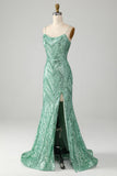 Sparkly Green Sequins Lace-Up Back Long Mermaid Ball Dress with Slit