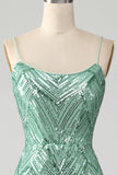 Sparkly Green Sequins Lace-Up Back Long Mermaid Ball Dress with Slit