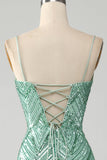 Sparkly Green Sequins Lace-Up Back Long Mermaid Ball Dress with Slit