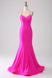 Fuchsia Mermaid Halter Neck Backless Long Ball Dress