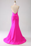 Fuchsia Mermaid Halter Neck Backless Long Ball Dress