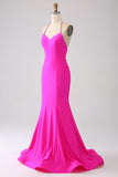 Fuchsia Mermaid Halter Neck Backless Long Ball Dress
