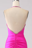 Fuchsia Mermaid Halter Neck Backless Long Ball Dress