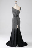 Sparkly Black Mermaid One Shoulder Corset Ball Dress