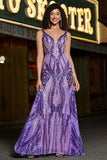 Sparkly Mermaid V Neck Dark Purple Sequins Long Ball Dress with Open Back