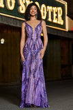 Sparkly Mermaid V Neck Dark Purple Sequins Long Ball Dress with Open Back