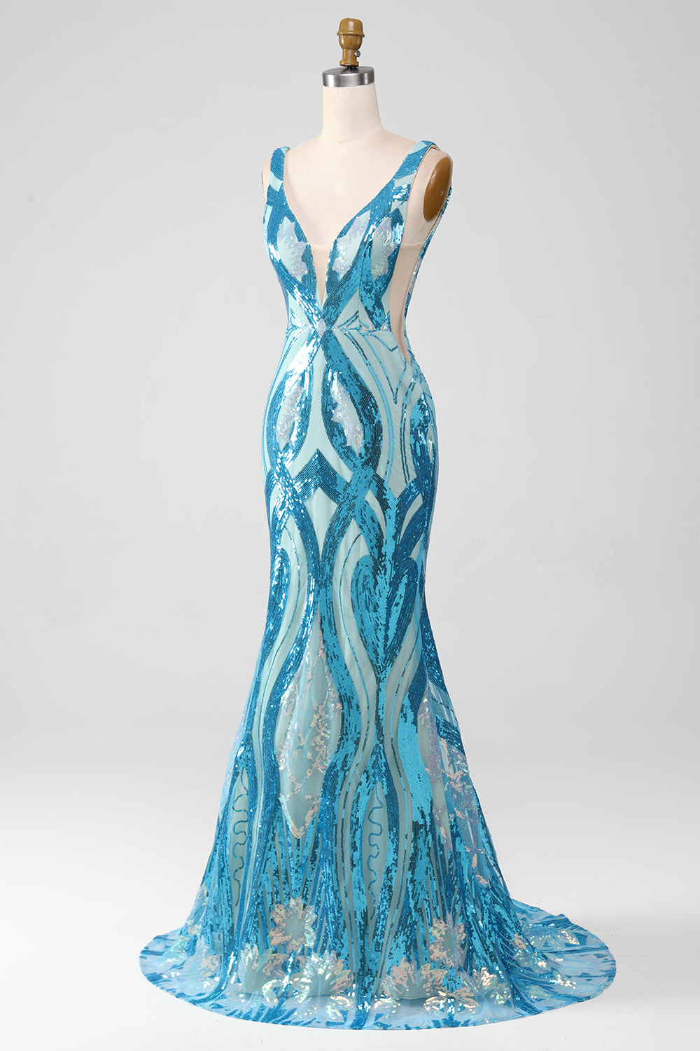 Glitter Blue  Mermaid V-NeckBall Dress with Sequins