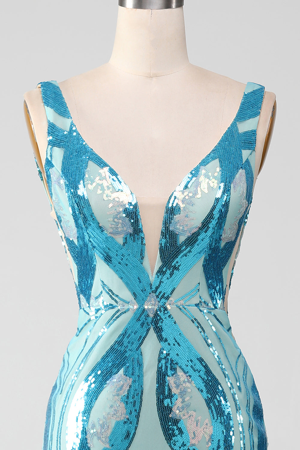 Glitter Blue  Mermaid V-NeckBall Dress with Sequins
