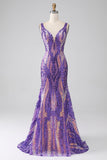 Dark Purple Mermaid V Neck Sequins Long Ball Dress