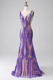Dark Purple Mermaid V Neck Sequins Long Ball Dress