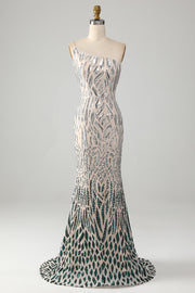 Sparkly Mermaid One Shoulder Dark Green Sequins Long Ball Dress