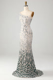 Sparkly Mermaid One Shoulder Dark Green Sequins Long Ball Dress