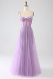 A-Line Lilac Spaghetti Straps Long Corset Ball Dress