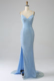 Glitter Blue Mermaid Spaghetti Straps Long Ball Dress with Slit