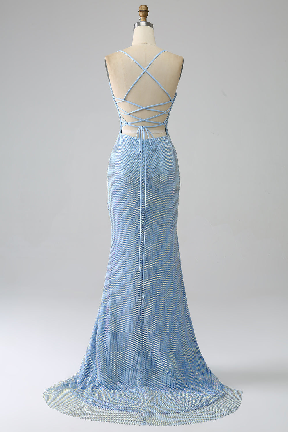 Glitter Blue Mermaid Spaghetti Straps Long Ball Dress with Slit