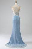 Glitter Blue Mermaid Spaghetti Straps Long Ball Dress with Slit