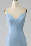 Glitter Blue Mermaid Spaghetti Straps Long Ball Dress with Slit
