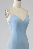Glitter Blue Mermaid Spaghetti Straps Long Ball Dress with Slit