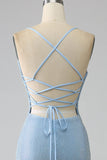 Glitter Blue Mermaid Spaghetti Straps Long Ball Dress with Slit