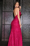 Fuchsia Mermaid Halter Sequin Backless Ball Dress With Slit