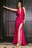 Fuchsia Mermaid Halter Sequin Backless Ball Dress With Slit