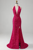 Fuchsia Mermaid Halter Sequin Open Back Ball Dress With Slit