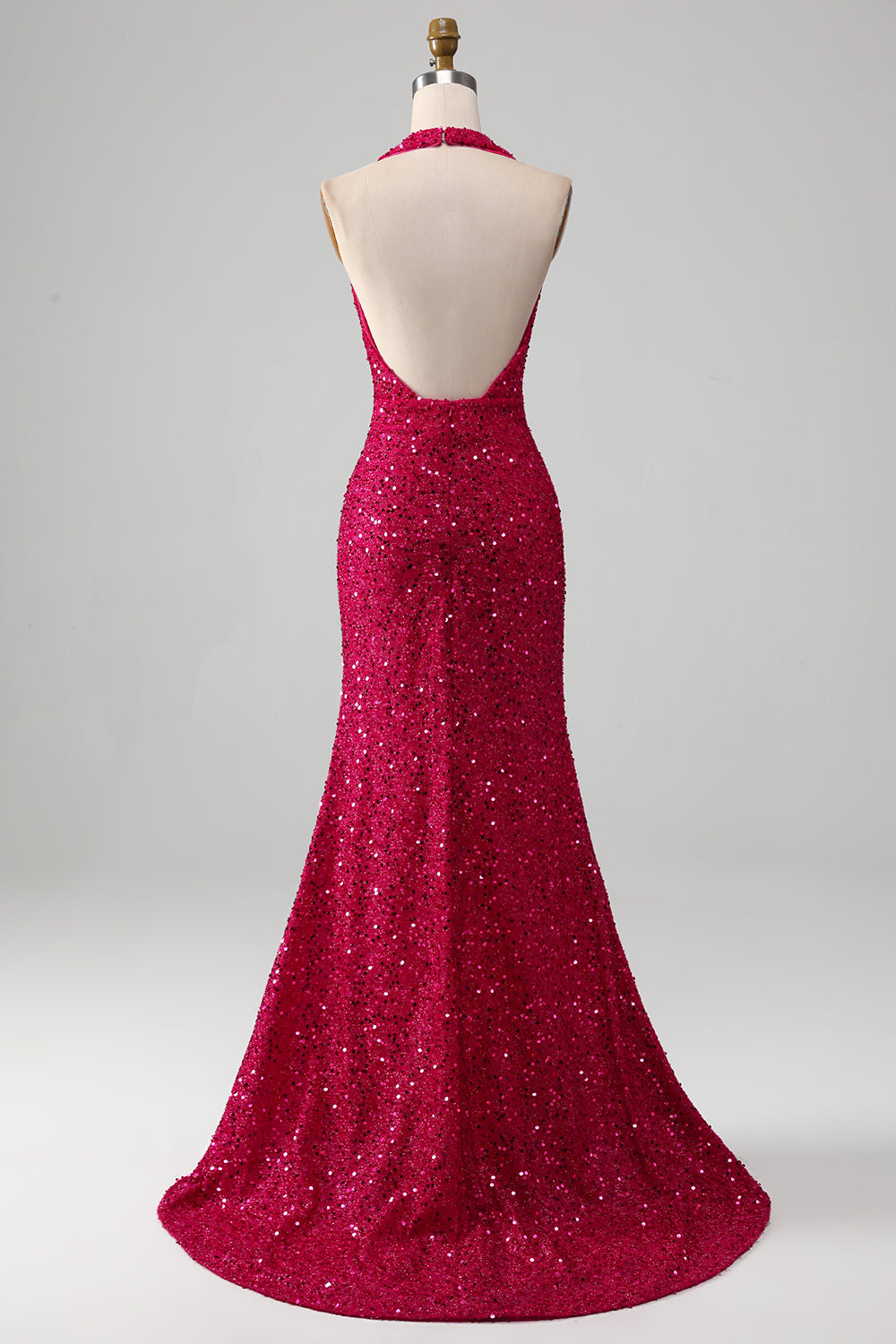 Fuchsia Mermaid Halter Sequin Open Back Ball Dress With Slit