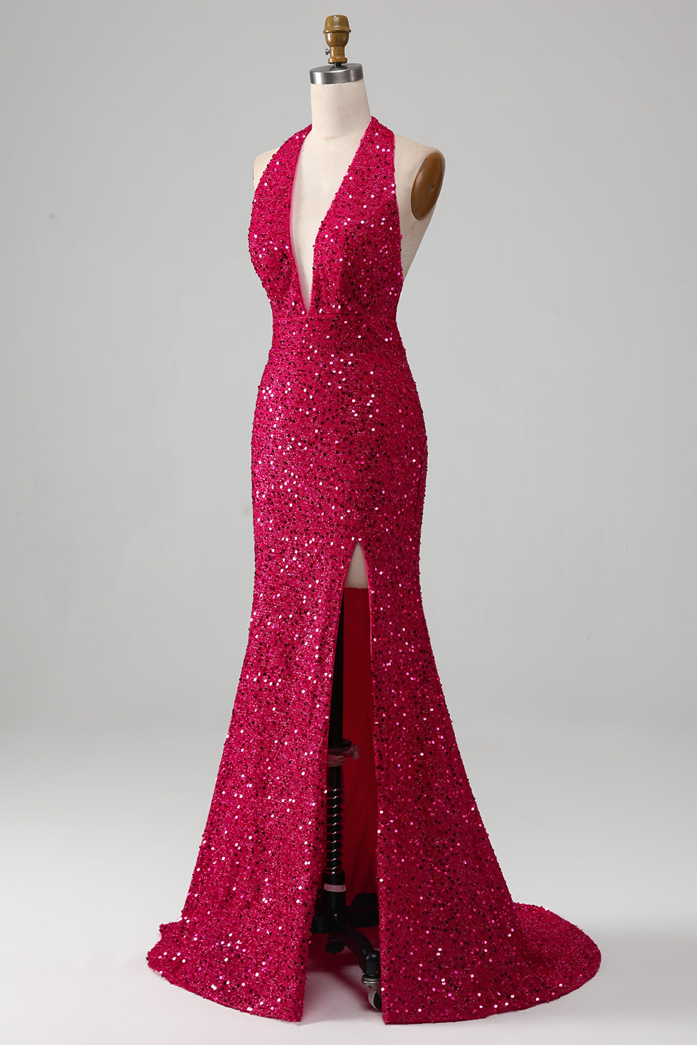 Fuchsia Mermaid Halter Sequin Open Back Ball Dress With Slit
