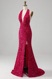 Fuchsia Mermaid Halter Sequin Open Back Ball Dress With Slit