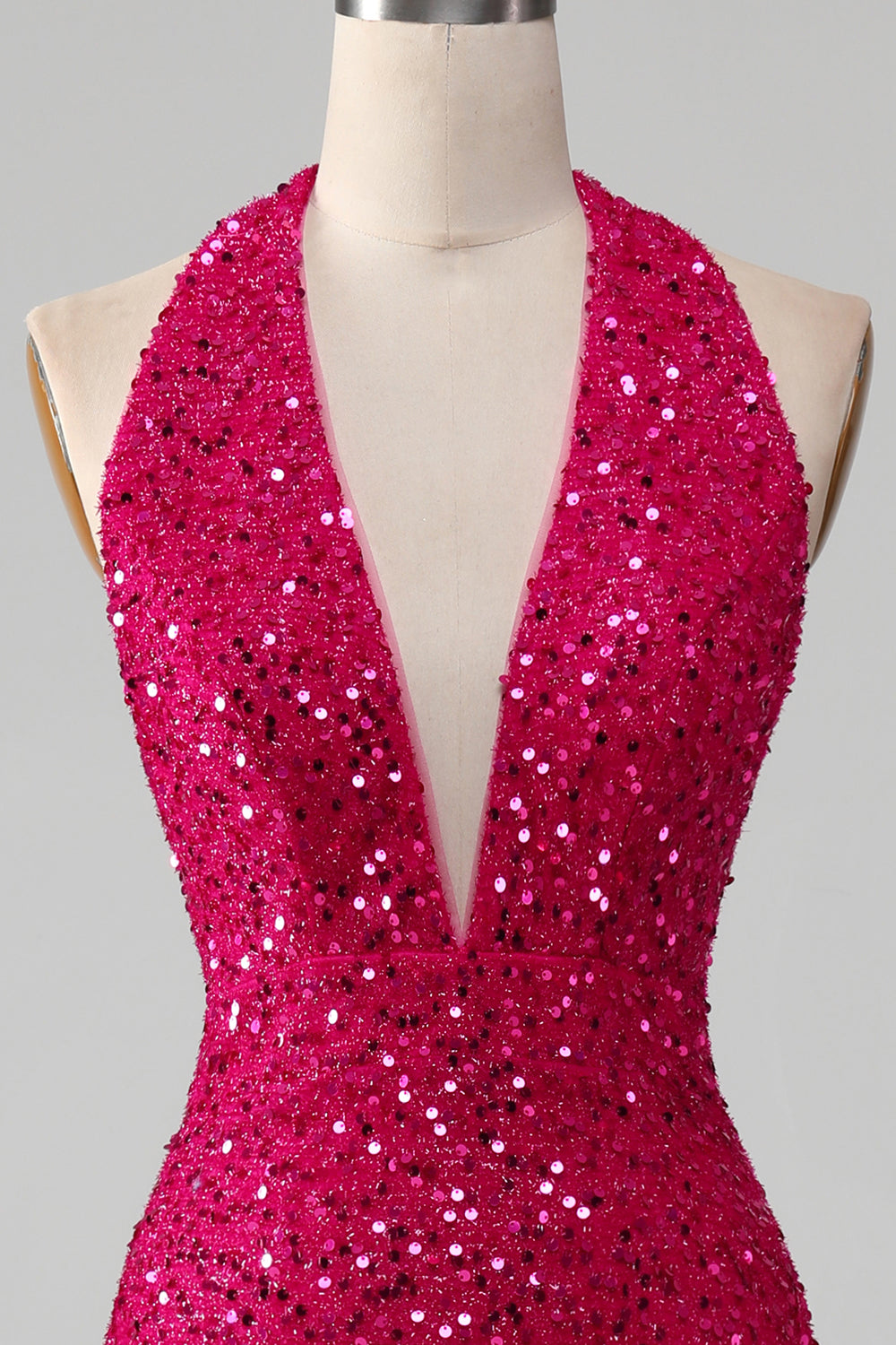 Fuchsia Mermaid Halter Sequin Open Back Ball Dress With Slit