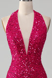 Fuchsia Mermaid Halter Sequin Open Back Ball Dress With Slit