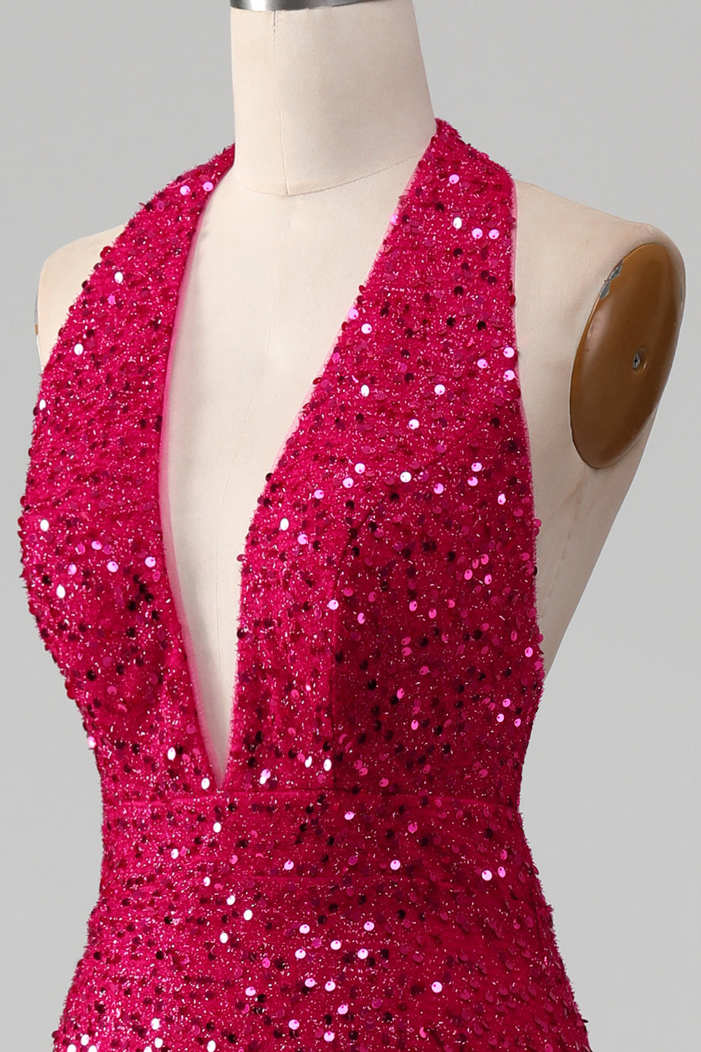 Fuchsia Mermaid Halter Sequin Open Back Ball Dress With Slit