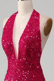 Fuchsia Mermaid Halter Sequin Open Back Ball Dress With Slit