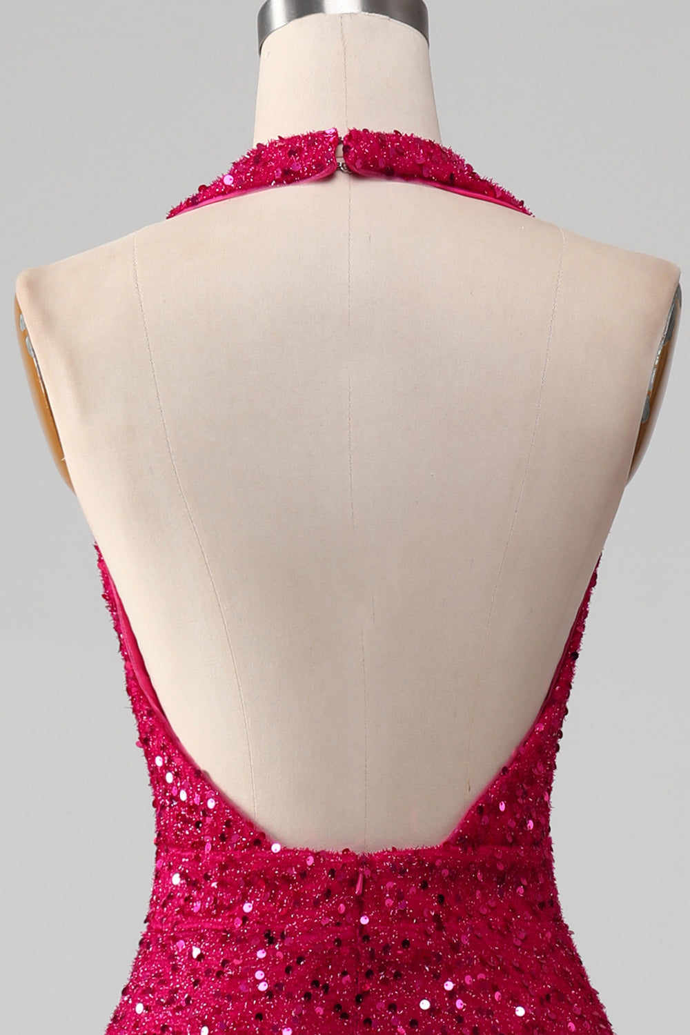 Fuchsia Mermaid Halter Sequin Open Back Ball Dress With Slit
