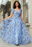 Blue A-Line Printed Adjustable Straps Long Ball Dress