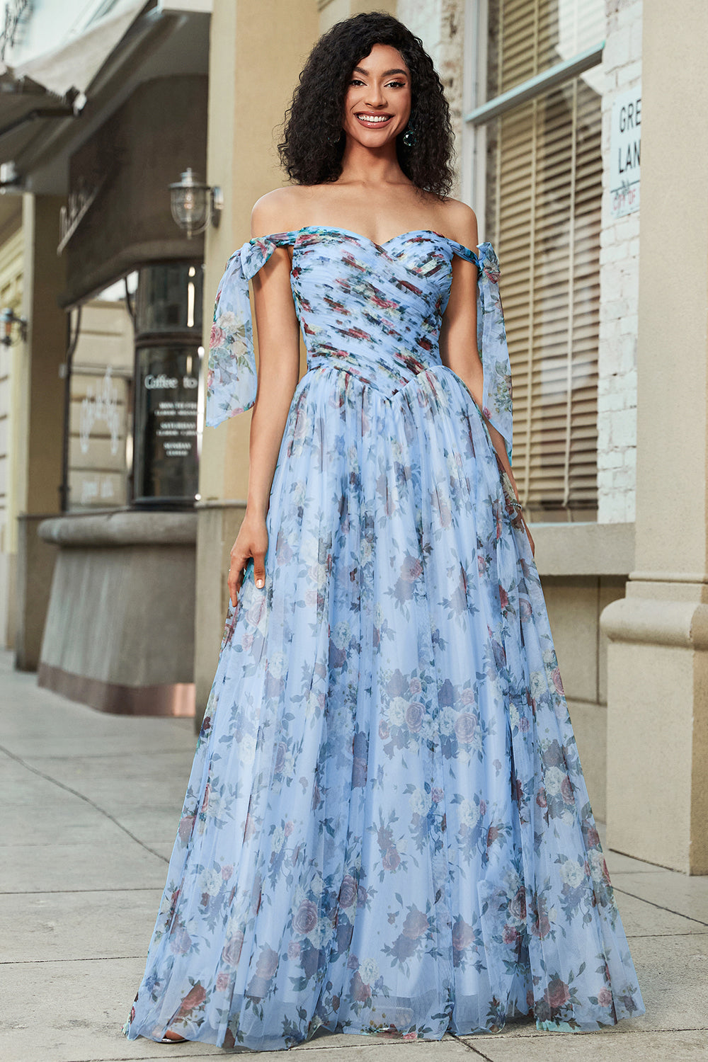 Blue A-Line Printed Adjustable Straps Long Ball Dress