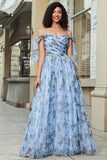 Blue A-Line Printed Adjustable Straps Long Ball Dress