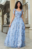 Blue A-Line Printed Adjustable Straps Long Ball Dress