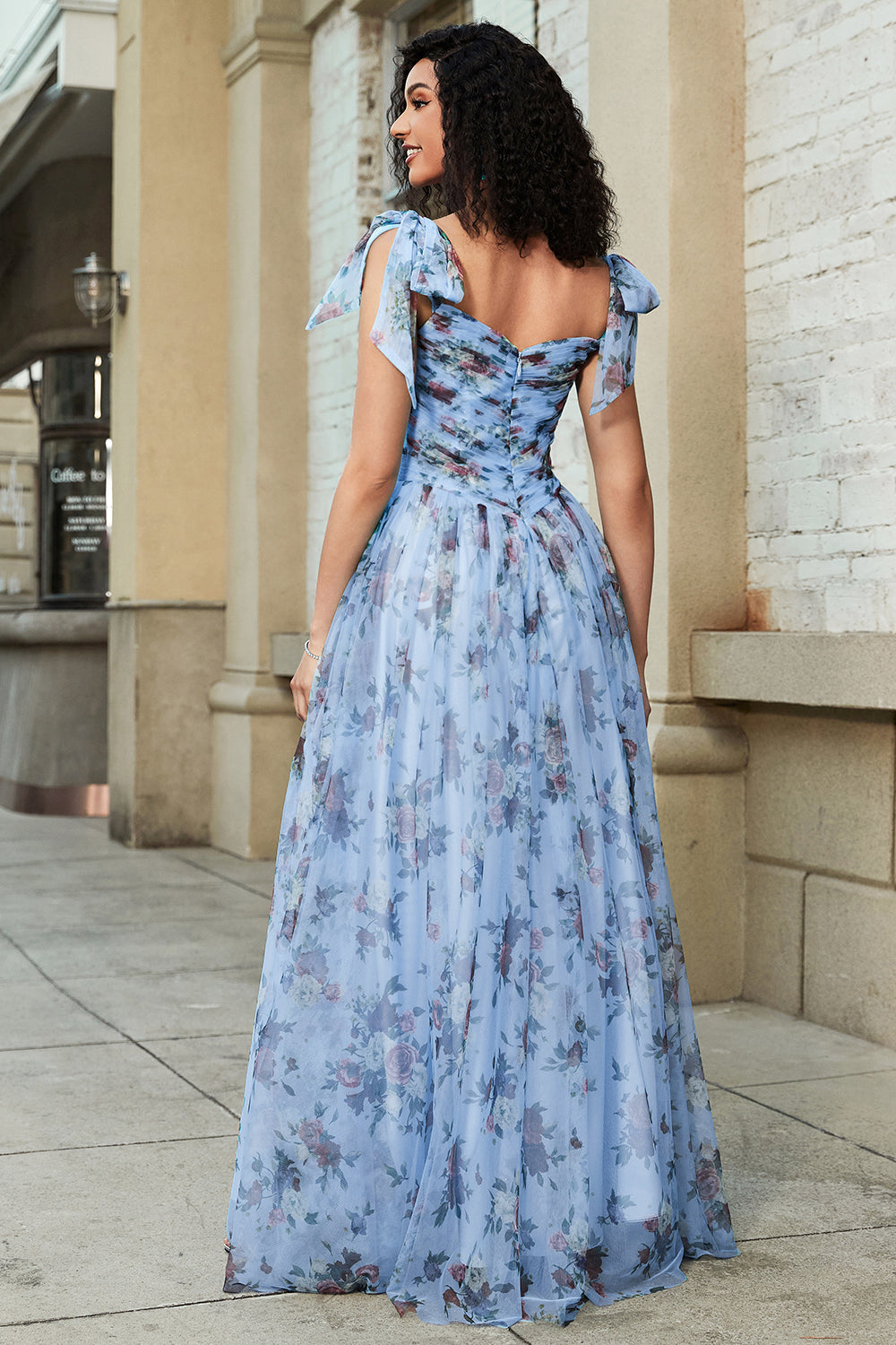 Blue A-Line Printed Adjustable Straps Long Ball Dress